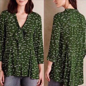 ANTHROPOLOGIE Maeve Green White Tie Cloud Button Tunic Blouse Top Shirt Sz S